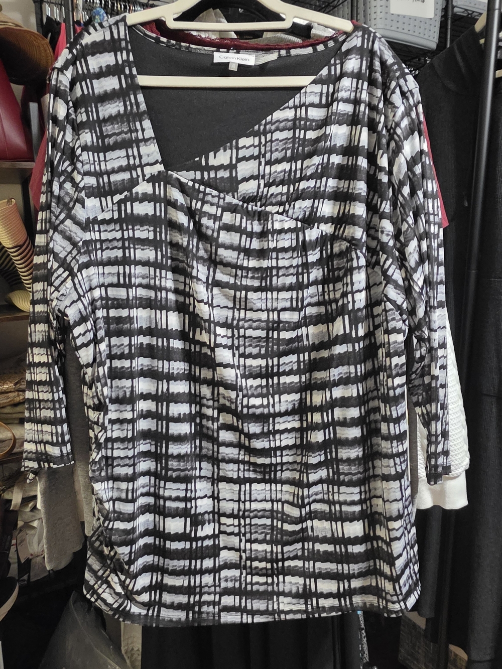 Calvin Klein Black & White Abstract Plaid Long Sleeve Top With Off Set Neckline